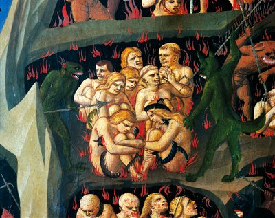 恶魔惩罚懒惰的地狱，乔凡尼·达·菲耶索莱（Giovanni da Fiesole，又名弗拉·安吉利科，1400-约 1455 年）《最后的审判》中的细节，木蛋彩画 作者 弗拉 （c.1387-1455）安吉利科