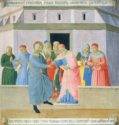 镶嵌画描绘了犹大接受奖赏的画面，来自 Armadio degli Argenti（银柜）的镶板，上面有耶稣的生平 作者 弗拉 （c.1387-1455）安吉利科