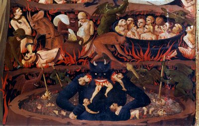 The Last Judgment: detail of the Underworld. Damns in the infernal circles, tortures by demons. Detail of a detrempe on wood by Guido di Pietro (or Fra Giovanni da Fiesole) dit Fra Angelico or il Beato (1387-1455) 作者 Fra  Angelico