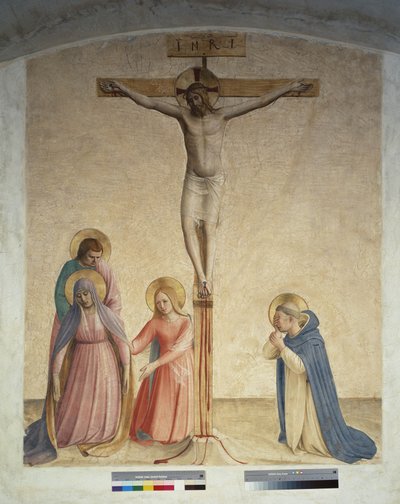 与圣母玛利亚圣多米尼克受难。十字架上的题词“ INRI” 作者 Fra Angelico