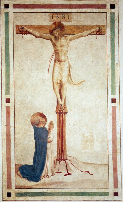 与圣多米尼克受难。十字架上的题词“” INRI“”。 Guido di Pietro的壁画 作者 弗拉·安杰利科
