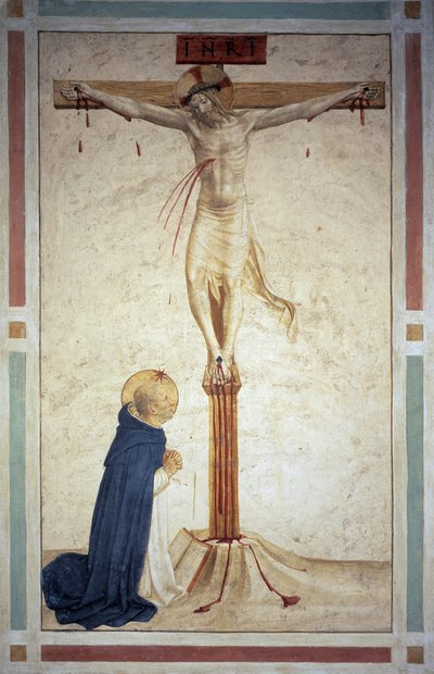 与圣多米尼克受难。十字架上的题词“” INRI“”。 Guido di Pietro的壁画 作者 弗拉·安杰利科