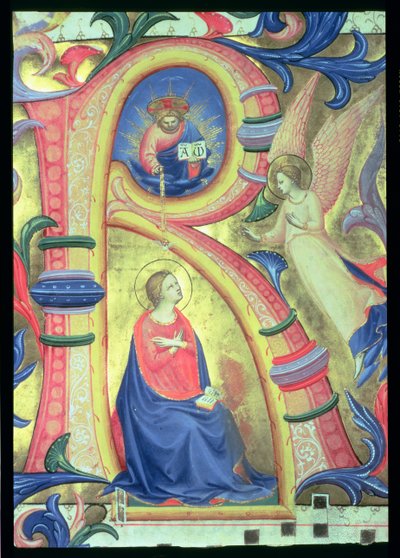 558 f.33v女士天使报喜在历史悠久的R中描绘，详细信息来自Missal，1430年代早期的牛皮纸细节88932 作者 弗拉·安杰利科
