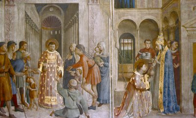 教皇西克斯图斯二世（Sixtus II）在15世纪中叶将教堂珍宝赠予圣劳伦斯（St Laurence）。 作者 弗拉·安杰利科