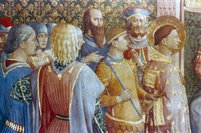 圣劳伦斯（St Laurence）在15世纪中叶的Deciuss法庭细节之前。 作者 Fra Angelico