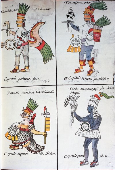 古代墨西哥人的神，Huitzilopochtli、Tezcatlipoca、Tlaloc和Paynal，西班牙文文本，来自手稿《新西班牙事物通史》的传真，也被称为《佛罗伦萨法典》，作者Bernardino de Sahagun 作者 伯纳迪诺·达·萨哈贡