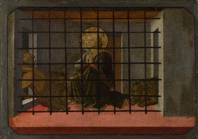监狱中的圣马马斯（Saint Mamas）被投掷到皮斯托亚（Pistoia SantaTrinità）祭坛的狮子Predella面板，1455-1460年 作者 菲利波·里皮