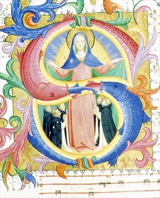 Missal 558 f.156v 历史性的首字母 "S"，描绘了圣母在她的斗篷下庇护祈祷者，约1429-30（牛皮纸）。 作者 Fra and Strozzi Zanobi di Benedetto Angelico