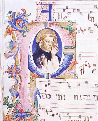 Missal 558 f.24v 历史性的首字母 "P"，描绘了一位男性圣徒。 作者 Fra and Strozzi Zanobi di Benedetto Angelico