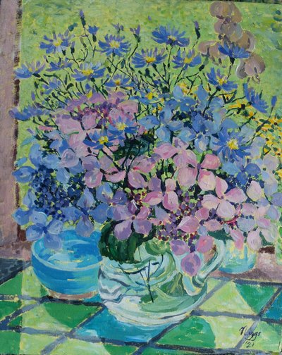 绣球花和米迦勒雏菊，2021 年（布面丙烯画） 作者 弗朗西斯·纳格斯