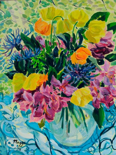 春天的花束（杜鹃花和威尔士罂粟花），2020 年（布面丙烯画） 作者 弗朗西斯·纳格斯