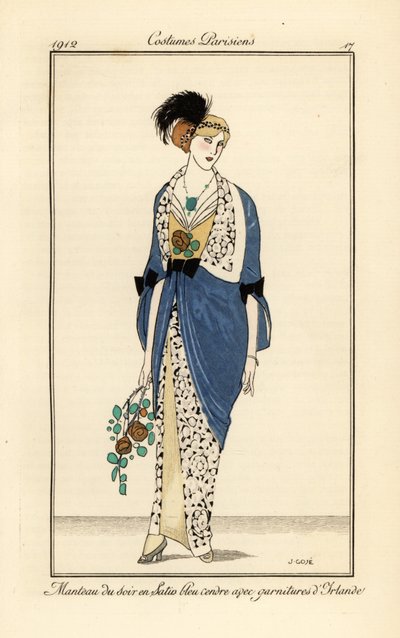 Woman in evening gown of ash blue satin with Irish lace. Manteau du soir en satin bleu cendre avec garnitures d’Irlande. Handcoloured pochoir (stencil) etching after an illustration by Xavier Gose from Tommaso Antongini’s Journal des Dames et des Modes, Au 作者 弗朗西斯科·泽维尔·戈塞