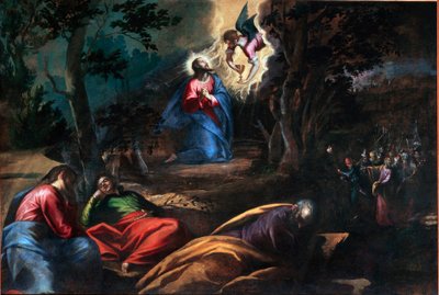 橄榄树园中的祈祷 在右边，犹大和士兵们一起来阻止耶稣基督。 Francesco Bassano the young（约 1549-1592 年）的画作，意大利威尼斯，基耶萨德尔雷登托雷 作者 弗朗切斯科·巴萨诺（Francesco Bassano）