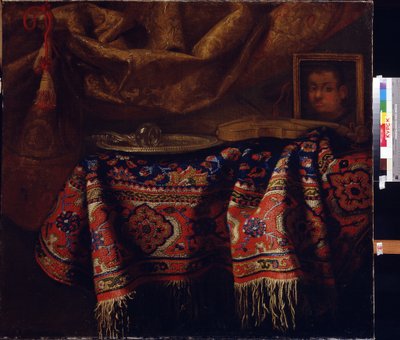 自然与自画像。(静物与自画像）。弗朗切斯科-菲拉维诺（1610-1660 年）的绘画。意大利艺术，巴洛克风格。俄罗斯库尔斯克地区 A. Deineka 美术馆 作者 弗朗切斯科（b.1640）菲拉维诺