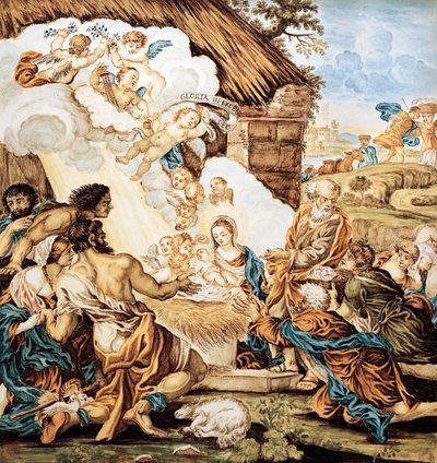 婴儿床，彩绘珐琅板，由 Francesco Antonio Xaverio Grue (1686-1746) 设计，意大利阿布鲁佐卡斯泰利制造 作者 弗朗切斯科·安东尼奥·沙维里奥·格鲁