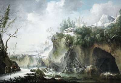 冬季的河流景观，雪道上的旅行者 作者 弗朗切斯科·福斯基（Francesco Foschi）