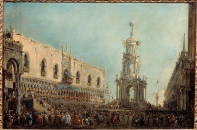 威尼斯总督参加圣马可广场上的 Gras 星期四庆祝活动 总督 Alvise IV Mocenigo（1701-1778 年）在总督宫的阳台上参加杂技表演。 Francesco Guardi (1712-1793) 1766-1770 作画 0,67x1 米 作者 弗朗切斯科·瓜迪（Francesco Guardi）
