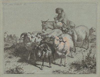 骑着驴子的男孩赶着羊群，1763年。 作者 弗朗切斯科·伦敦尼奥（Francesco Londonio）
