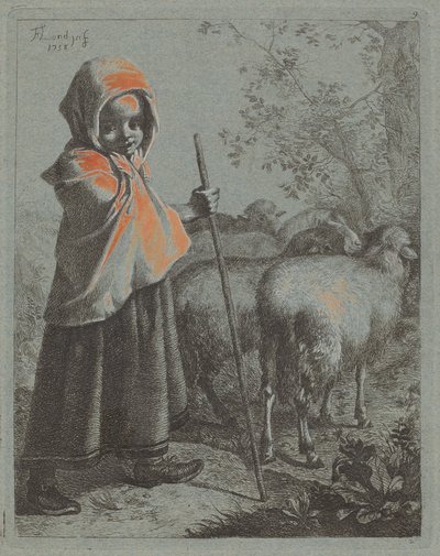 带着羊群的牧羊女儿童，1758年。 作者 弗朗切斯科·伦敦尼奥（Francesco Londonio）
