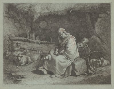马厩内部，有一个坐着的纺纱工和睡觉的孩子，1759-1782。 作者 弗朗切斯科·伦敦尼奥（Francesco Londonio）