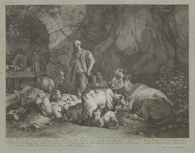 老秃头牧羊人，坐着的牧羊男孩和羊群，1766年后。 作者 弗朗切斯科·伦敦尼奥（Francesco Londonio）