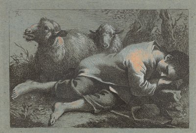 靠近两只羊的农民男孩在睡觉，17581759。 作者 弗朗切斯科·伦敦尼奥（Francesco Londonio）