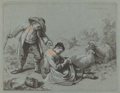 农民用树枝逗弄熟睡的女孩，1763年。 作者 弗朗切斯科·伦敦尼奥（Francesco Londonio）