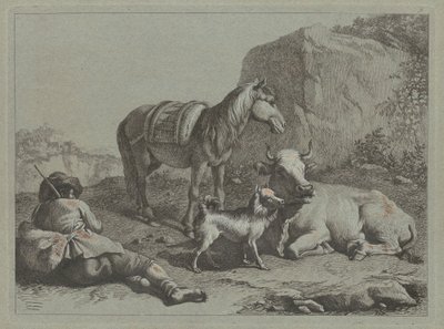 躺在地上的牧羊人与麻袋，约1763年。 作者 弗朗切斯科·伦敦尼奥（Francesco Londonio）