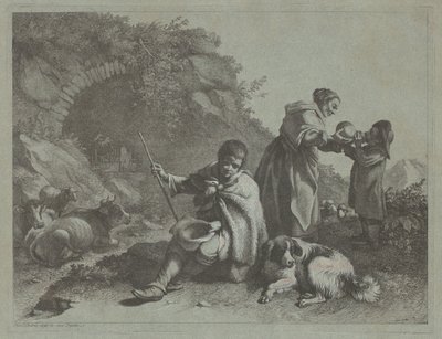 坐着的牧羊人男孩和给孩子喝水的女人，1759-1782。 作者 弗朗切斯科·伦敦尼奥（Francesco Londonio）