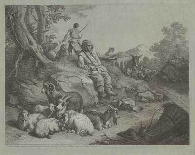 坐在羊群前的牧羊人，1766年后。 作者 弗朗切斯科·伦敦尼奥（Francesco Londonio）