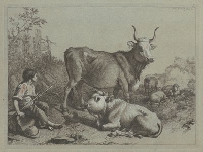 坐着的牧羊人与公牛和斗牛，1763年。 作者 弗朗切斯科·伦敦尼奥（Francesco Londonio）