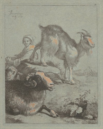 坐着的牧羊女，一只公羊，一只绵羊和一只山羊，1759年。 作者 弗朗切斯科·伦敦尼奥（Francesco Londonio）