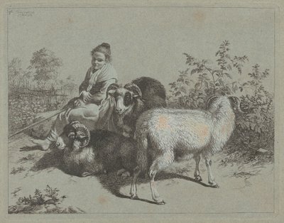 坐着的牧羊女和三只公羊，1762年。 作者 弗朗切斯科·伦敦尼奥（Francesco Londonio）