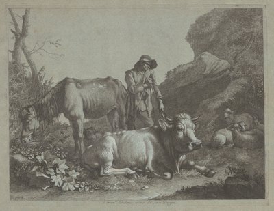 牧羊人拄着拐杖，带着一匹老马和一头躺着的公牛，1767年后。 作者 弗朗切斯科·伦敦尼奥（Francesco Londonio）