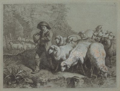 带着麻袋的牧羊人赶着羊群，1763年。 作者 弗朗切斯科·伦敦尼奥（Francesco Londonio）