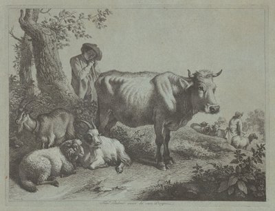 站立的牛和带着羊群的牧童，1760年代。 作者 弗朗切斯科·伦敦尼奥（Francesco Londonio）