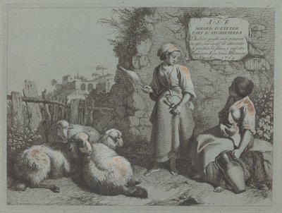 两个女孩在交谈：一个站着纺纱，1764年。 作者 弗朗切斯科·伦敦尼奥（Francesco Londonio）