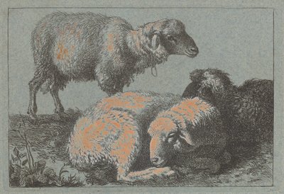 两只躺着的羊和一只站着的羊，17571758。 作者 弗朗切斯科·伦敦尼奥（Francesco Londonio）