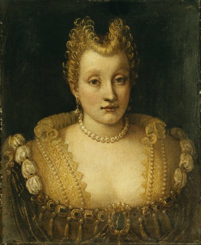 据说是孔塔里尼（Contarini）家族的女士的画像，胸围长，穿着精致的连衣裙，配以珠宝，珍珠项链和耳环， 作者 弗朗切斯科·蒙特梅扎诺（Francesco Montemezzano）
