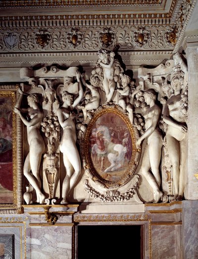 Architecture: detail of the room of Anne de Pisseleu Duchess of Etampes (1508-1580), favorite of Francois I, at the castle of Fontainebleau known as the King