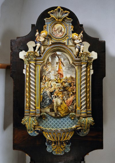20 世纪意大利 Francesco Solimena（1657-1747）画作《贤士的崇拜》中的大型彩绘珐琅圣水字体 作者 弗朗切斯科·索利米娜（Francesco Solimena）