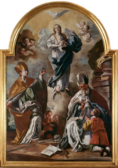 圣灵的鸽子出现在圣母和圣徒的上方（布面油画 作者 Francesco Solimena