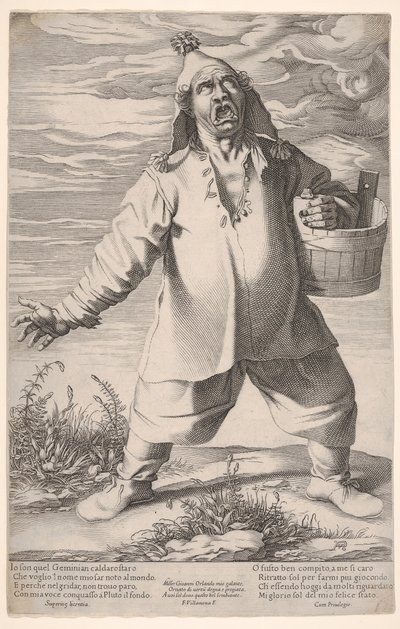Geminiano Caldarostaro哭了起来，手持一个装有流苏帽子的浴缸。 1597-1601。 作者 弗朗切斯科·比利亚梅纳（Francesco Villamena）