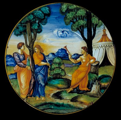 代表 Parnassus 的 Francesco Xanto Aveli（活跃于 1530/1540 年左右）制作的彩陶盘。 在乌尔比诺实现。 1530.巴黎，卢浮宫博物馆 作者 弗朗切斯科·桑托·阿维利