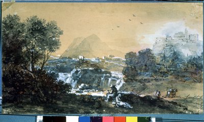 有瀑布的风景。Francesco Zuccarelli（1702-1788 年）绘制。纸面水彩和墨水 作者 弗朗切斯科·祖卡雷利（Francesco Zuccarelli）