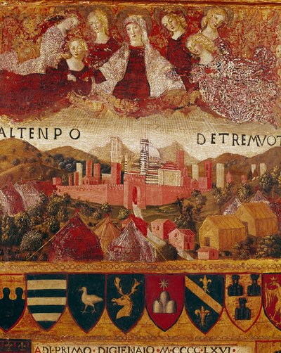 Ex voto（或 ex voto）："圣母玛利亚在 1466-1467 年地震时保护锡耶纳城 "细节。弗朗切斯科-迪-乔治-马尔蒂尼（1439-1502 年）装饰锡耶纳市会计登记簿封面的木画。 作者 弗朗西斯科·迪·乔治·马蒂尼