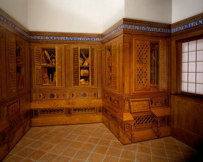 来自古比奥公爵宫的 Studiolo，c.1478-82（胡桃木、山毛榉、红木、橡木和胡桃木底座的果木） 作者 弗朗西斯科·迪·乔治·马蒂尼