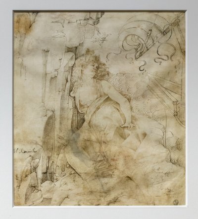 悬崖上衣衫不整的年轻女子，又名伊波，约 1475 年（羊皮纸上的钢笔和墨水） 作者 弗朗西斯科·迪·乔治·马蒂尼