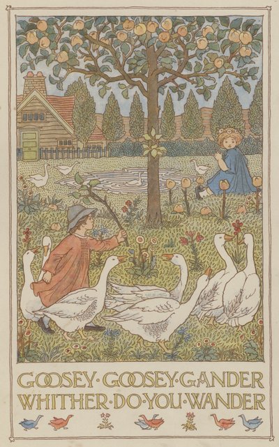 Goosey goosey gander whither do you wander（彩色石版画） 作者 弗朗西斯·唐金·贝德福德