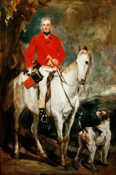 Charles Trelawny, Esq., Dartmoor Hunt的主人，在他最喜欢的猎手Grimaldi和猎狗Conqueror, Lounger和Windermere身上的研究，约1863年（布面油画） 作者 弗朗西斯·格兰特